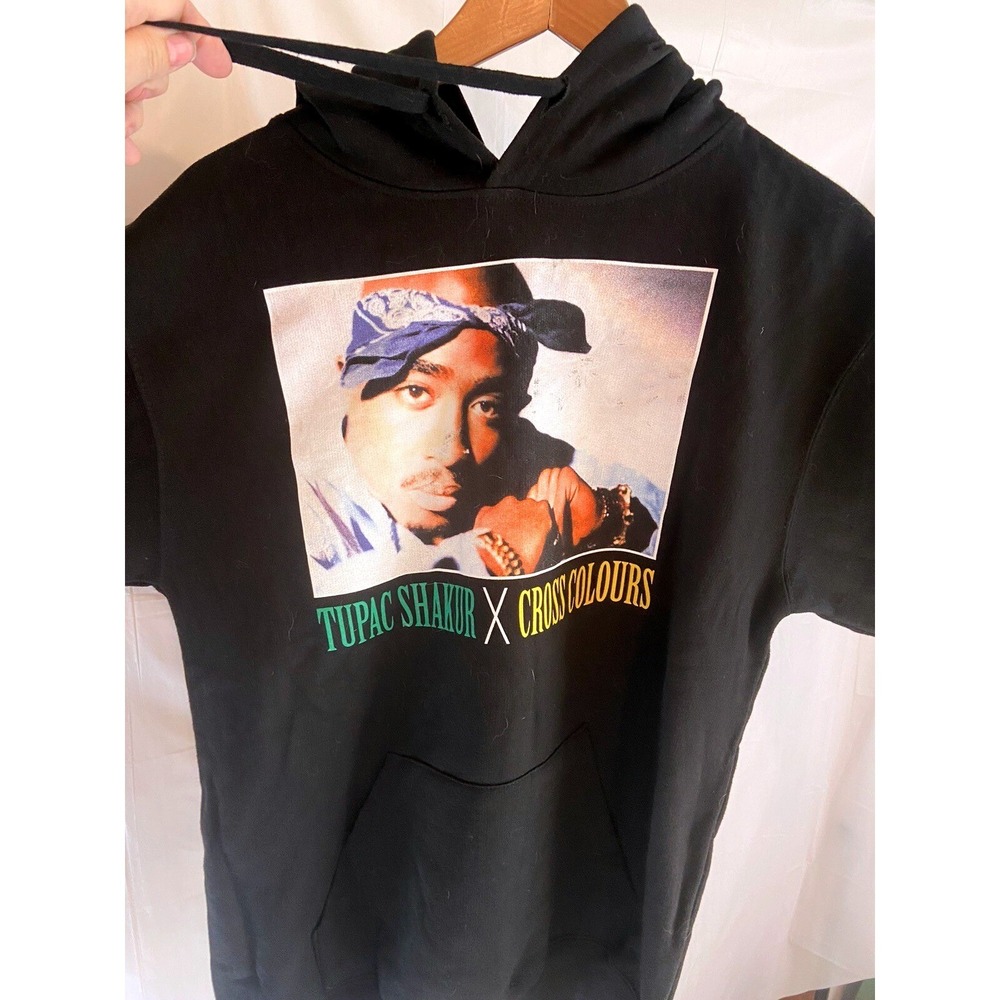 Cross Colours Tupac Shakur Graphic Hoodie Black Mens Small 2Pac Rap Streetwear‎
